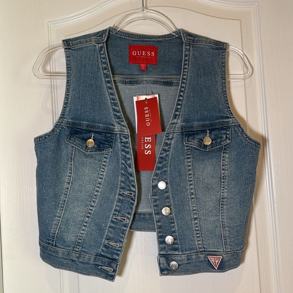 New Guess Blue Denim Vest with Silver Buttons Size Medium
